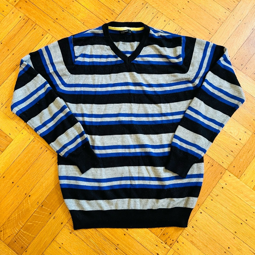 STATE Men's V-Neck Sweater in Black, Blue, and Gray Stripes